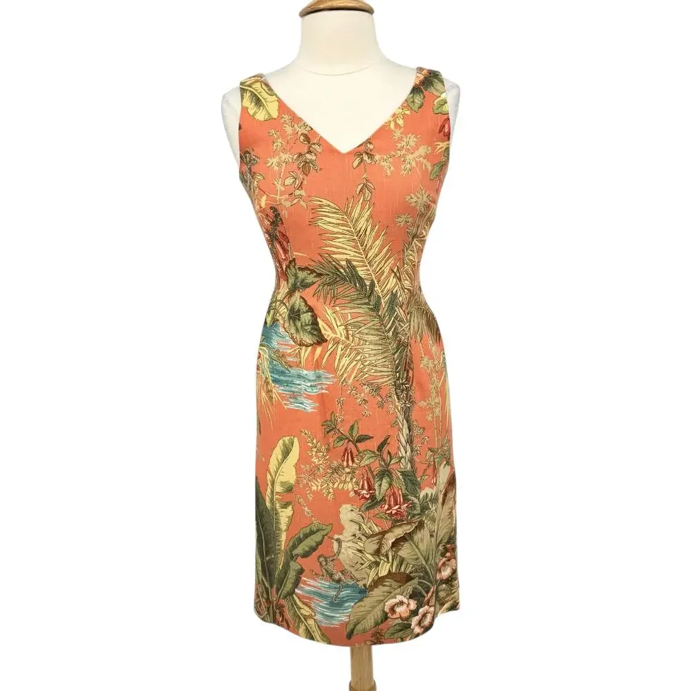 Vintage Talbots Tropical Jungle Monkey Print Beaded Sheath Dress 6 Coral V Neck